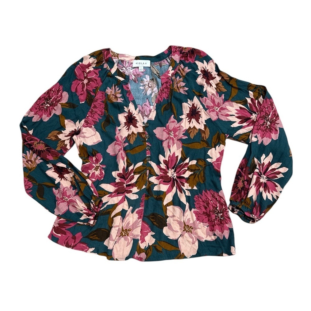 Gilli Size S Pink and Green Long Sleeve V Neck Cut Out Blouse Floral.